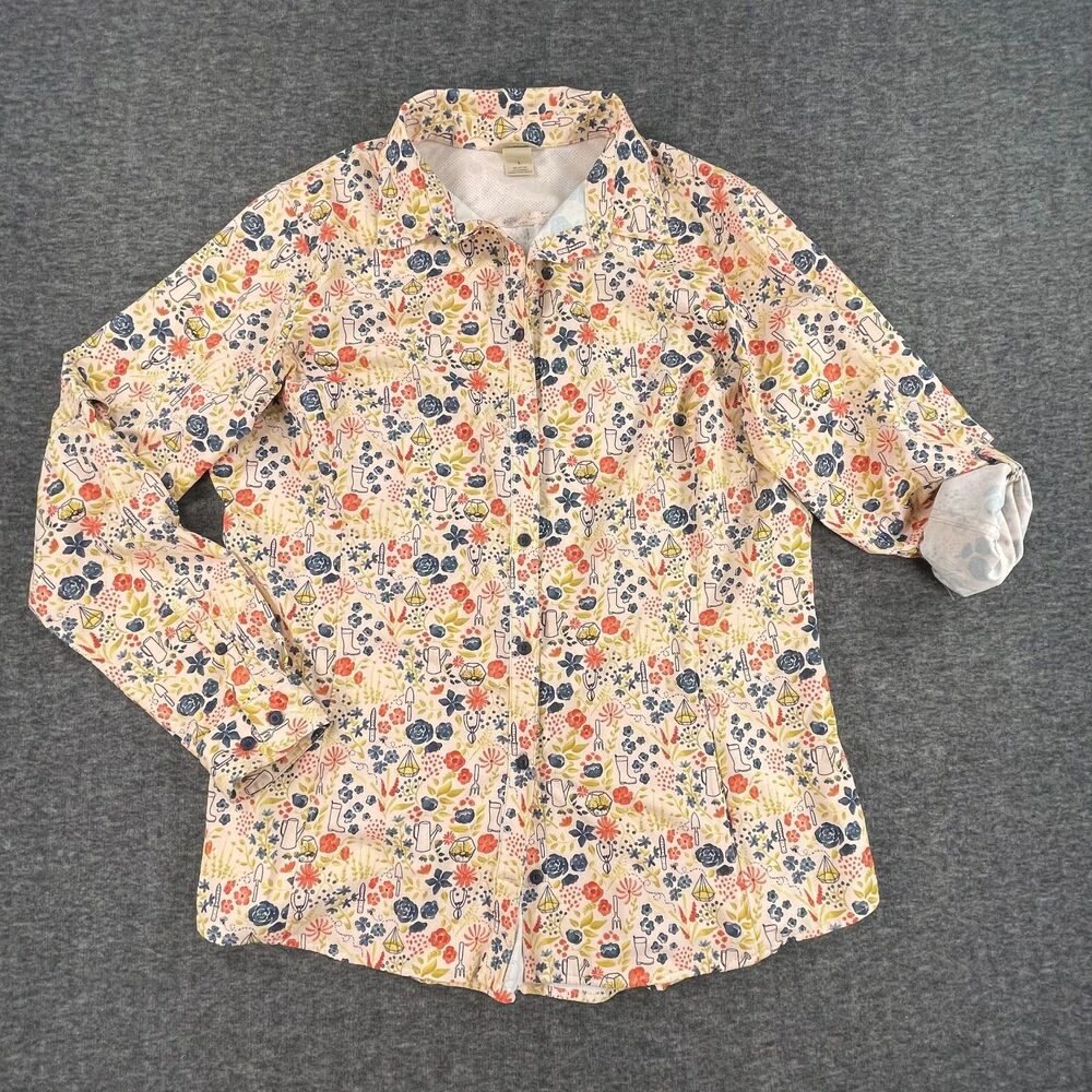 Duluth Trading Co. Garden Tool Print Shirt L Wrinklefighter Roll Tab Cottagecore - Picture 10 of 11